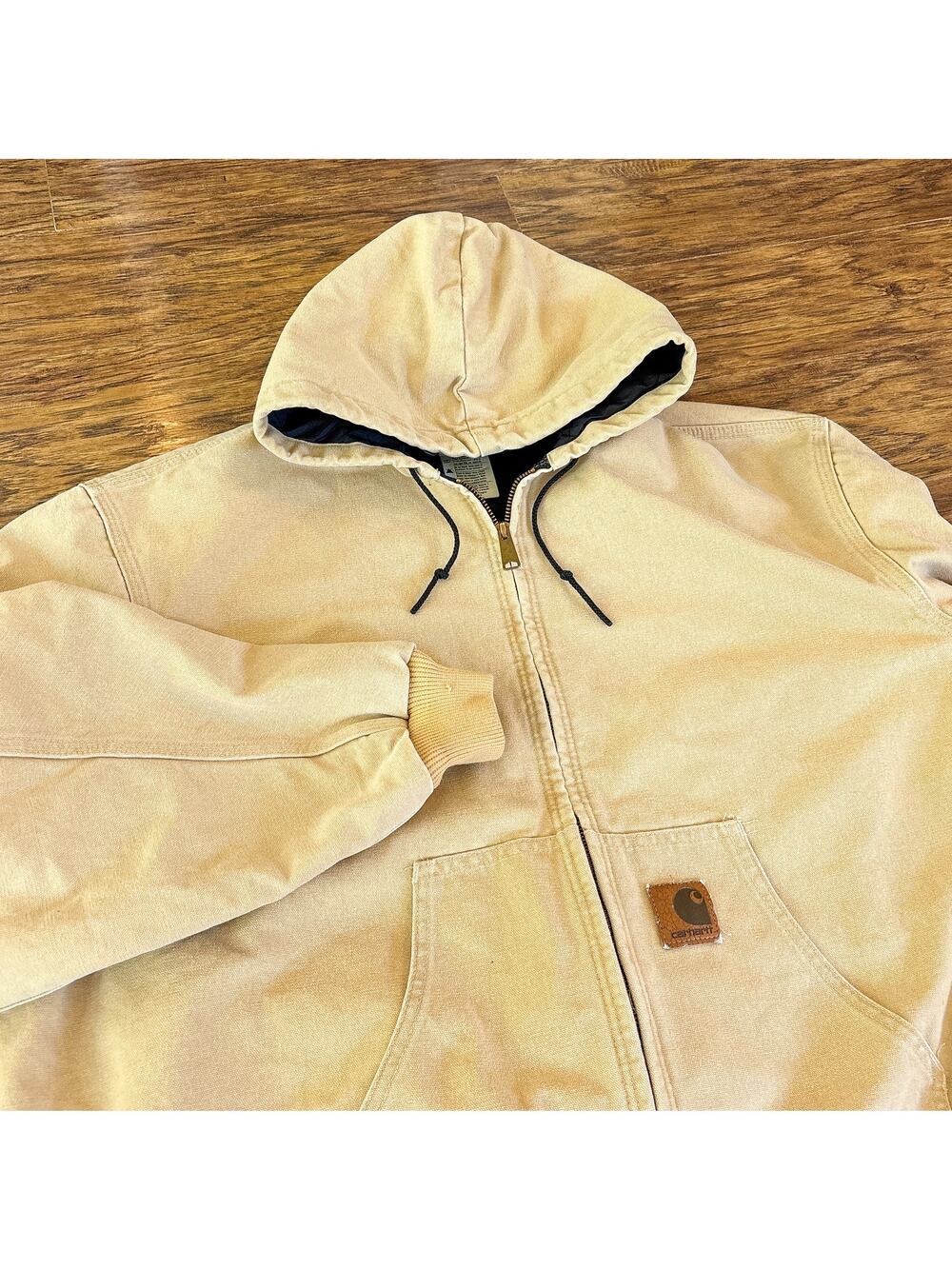 Vintage Carhartt J06WET 90s Sandstone Tan Hooded Canvas Work Jacket 2XL